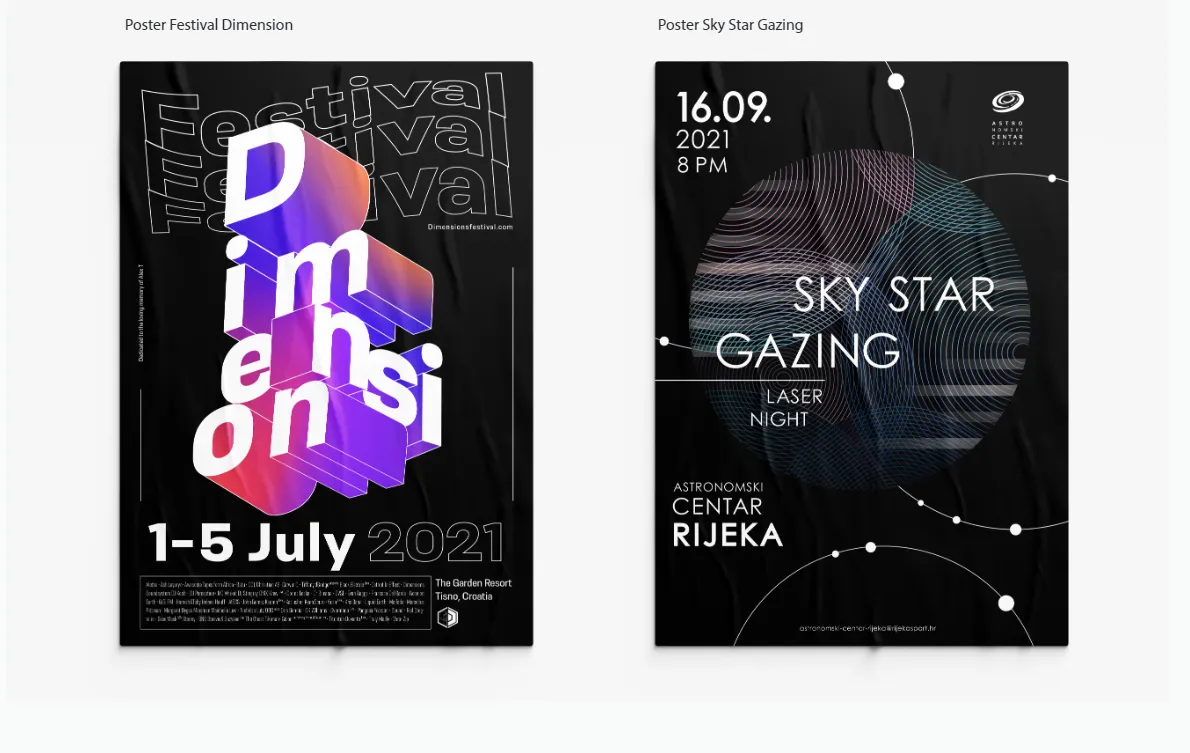 The Dimension poster next to the Sky Star Gazing poster