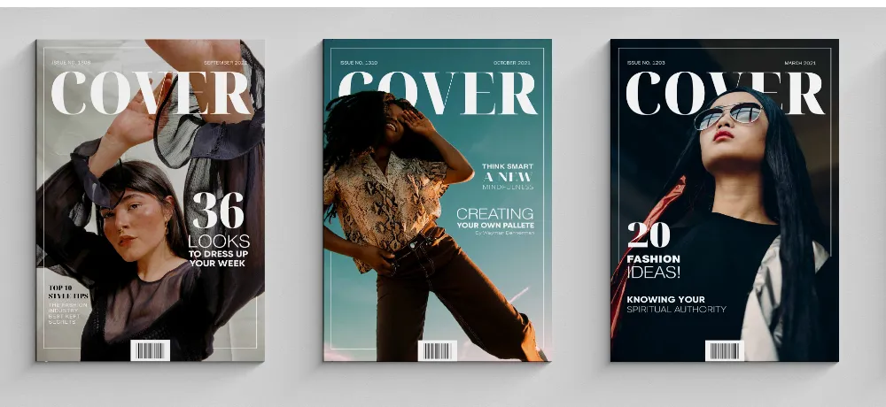 Three COVER magazine covers on a grey background with a large white serif masthead