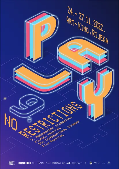 Poster with the word PLAY in isometric orange and blue letters on a dark blue grid, with the festival dates 24 to 27 November 2022, Art-kino Rijeka