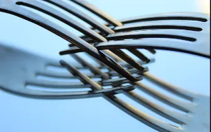 Interlocking forks against a blue sky